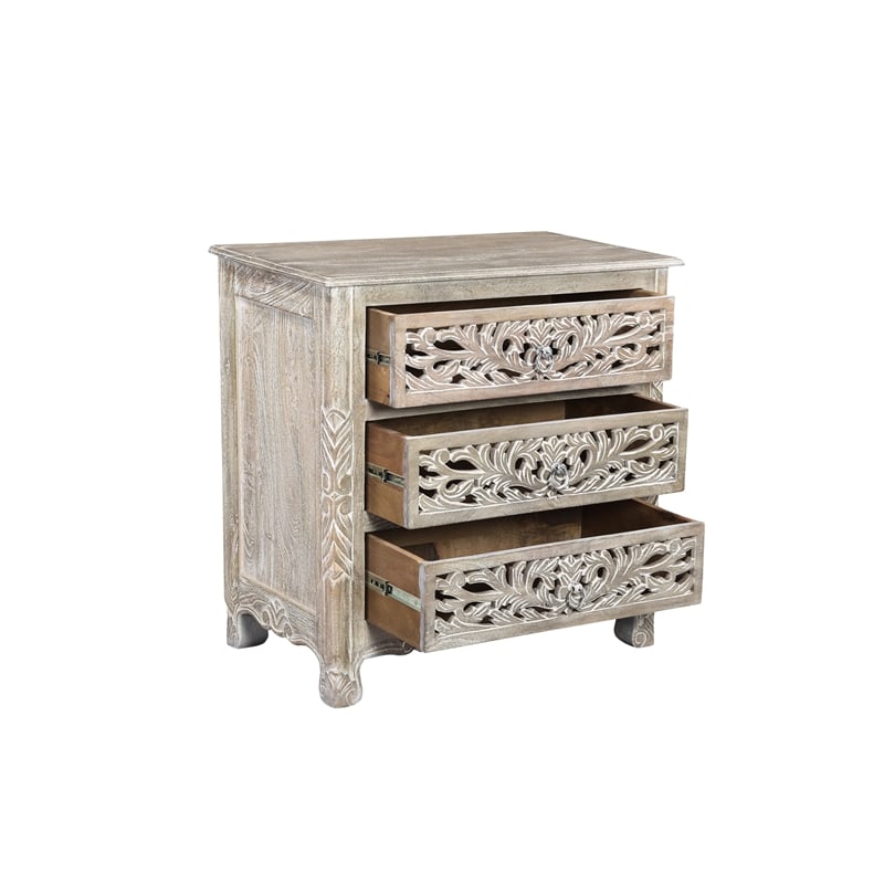 Taran Designs Monte Floral Carved Solid Wood 3-Drawers Nightstand in Gray