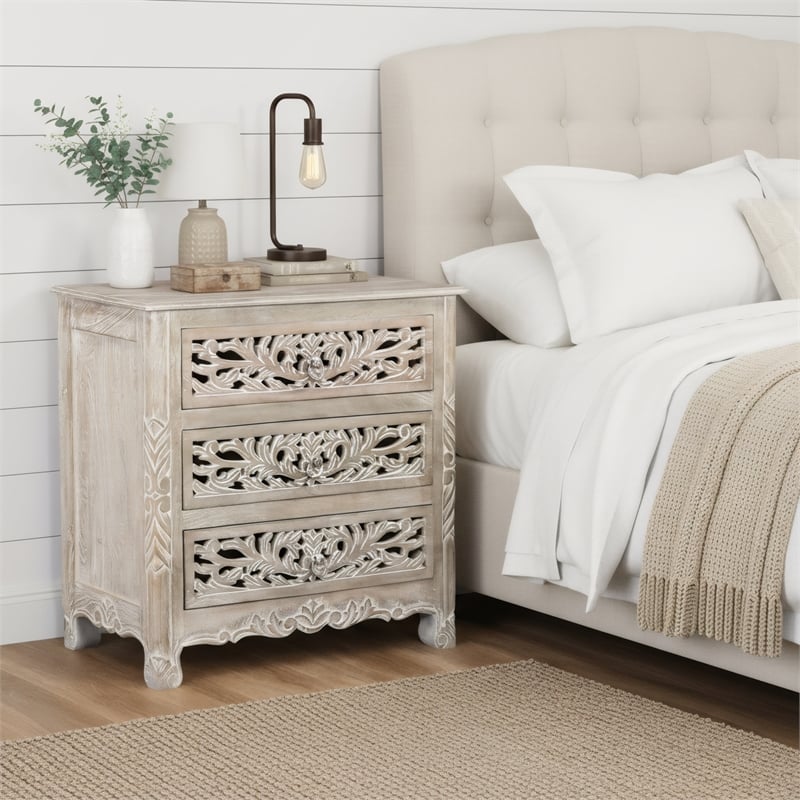Taran Designs Monte Floral Carved Solid Wood 3-Drawers Nightstand in Gray
