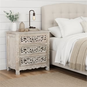 Taran Designs Monte Floral Carved Solid Wood 3-Drawers Nightstand in Gray