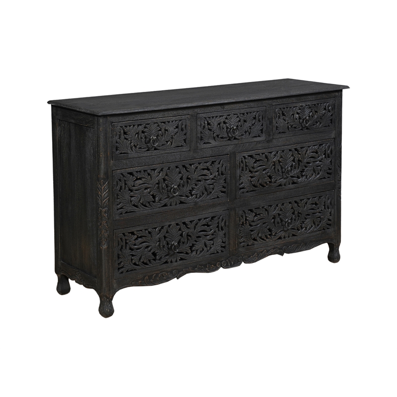Taran Designs Monte 7-drawer Floral Carved Solid Wood Dresser in Black
