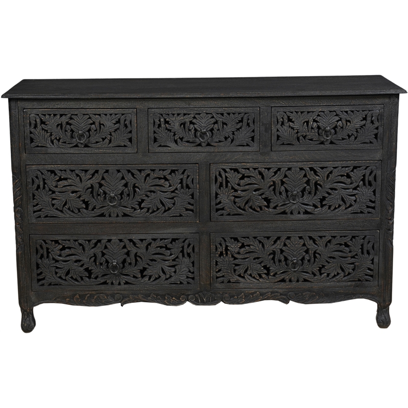 Taran Designs Monte 7-drawer Floral Carved Solid Wood Dresser in Black