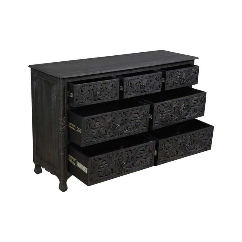 Taran Designs Monte 7-drawer Floral Carved Solid Wood Dresser in Black