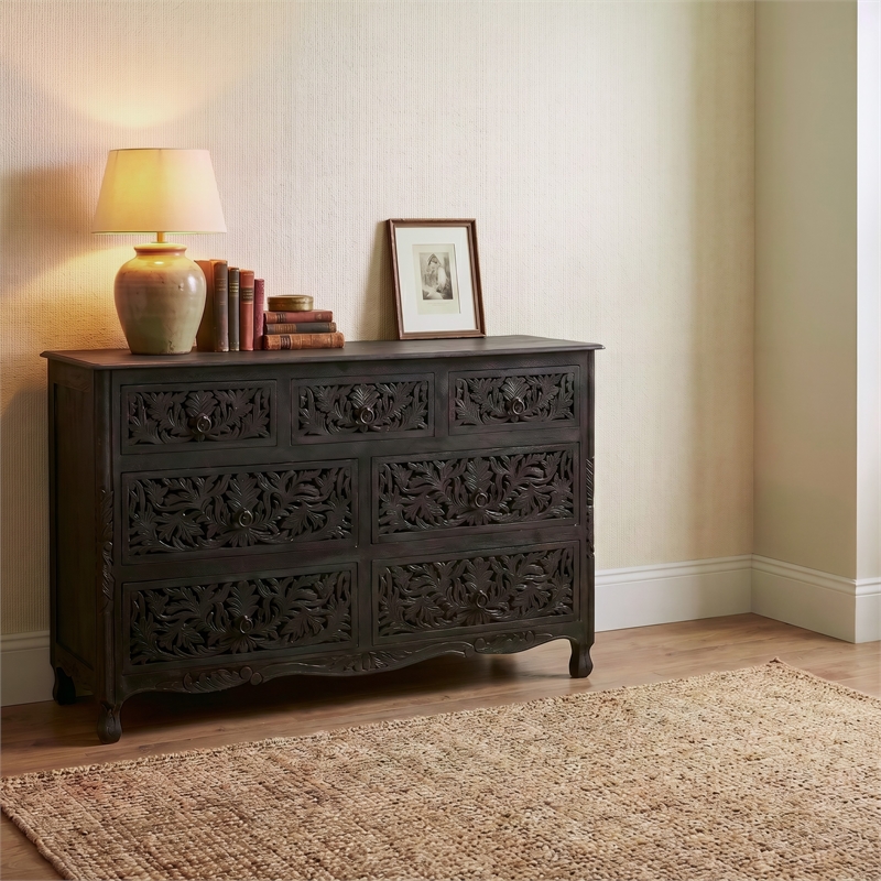 Taran Designs Monte 7-drawer Floral Carved Solid Wood Dresser in Black