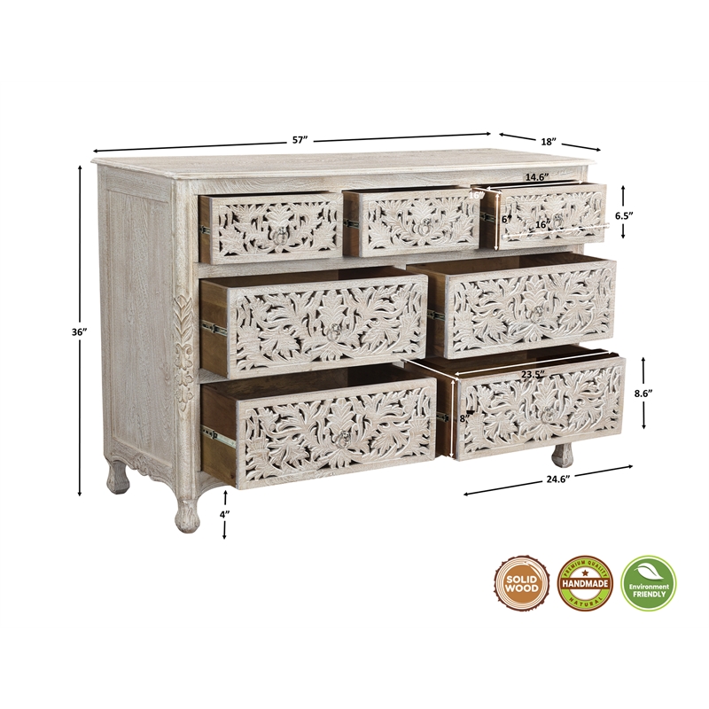 Taran Designs Monte 7-drawer Floral Carved Solid Wood Dresser in White