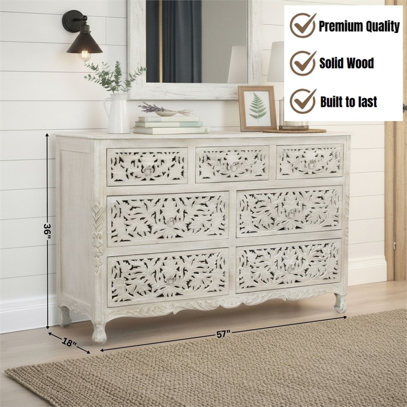Taran Designs Monte 7-drawer Floral Carved Solid Wood Dresser in White