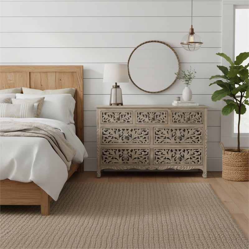 Taran Designs Monte 7-drawer Floral Carved Solid Wood Dresser in Gray