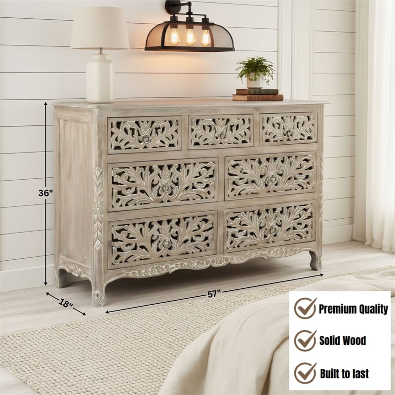 Taran Designs Monte 7-drawer Floral Carved Solid Wood Dresser in Gray