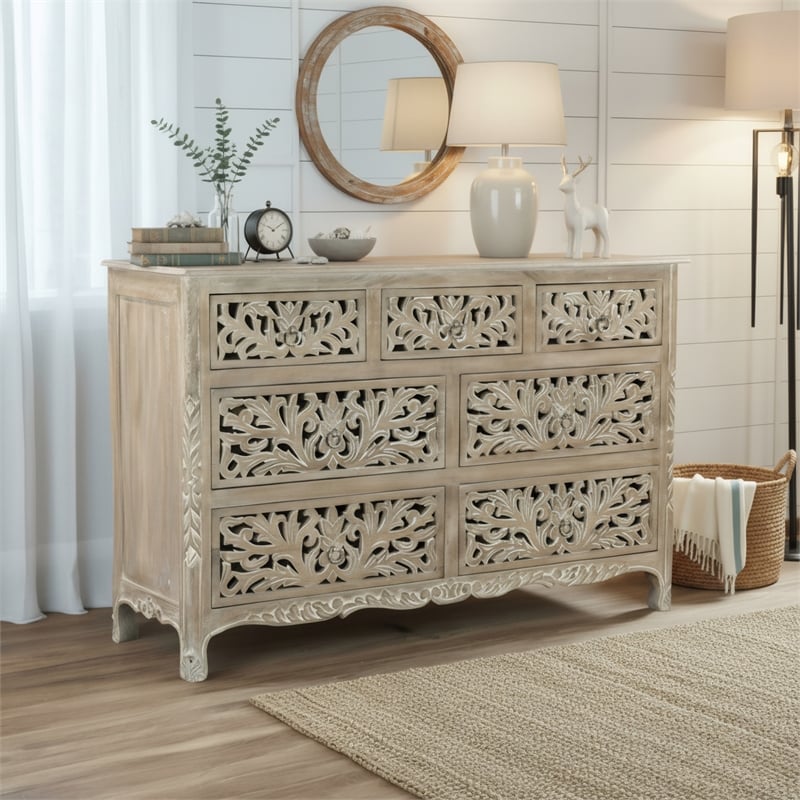 Taran Designs Monte 7-drawer Floral Carved Solid Wood Dresser in Gray