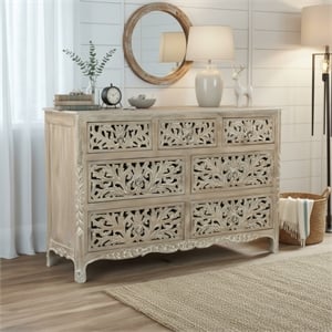 Taran Designs Monte 7-drawer Floral Carved Solid Wood Dresser in Gray