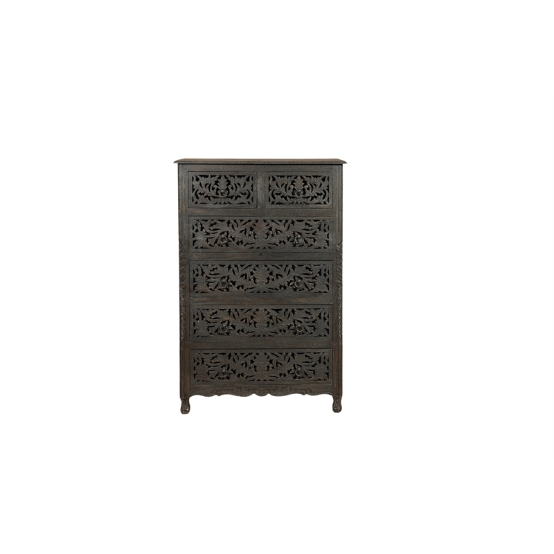 Taran Designs Monte 6-drawer Floral Carved Solid Wood Chest in Black