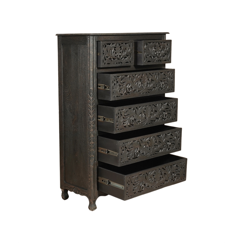 Taran Designs Monte 6-drawer Floral Carved Solid Wood Chest in Black