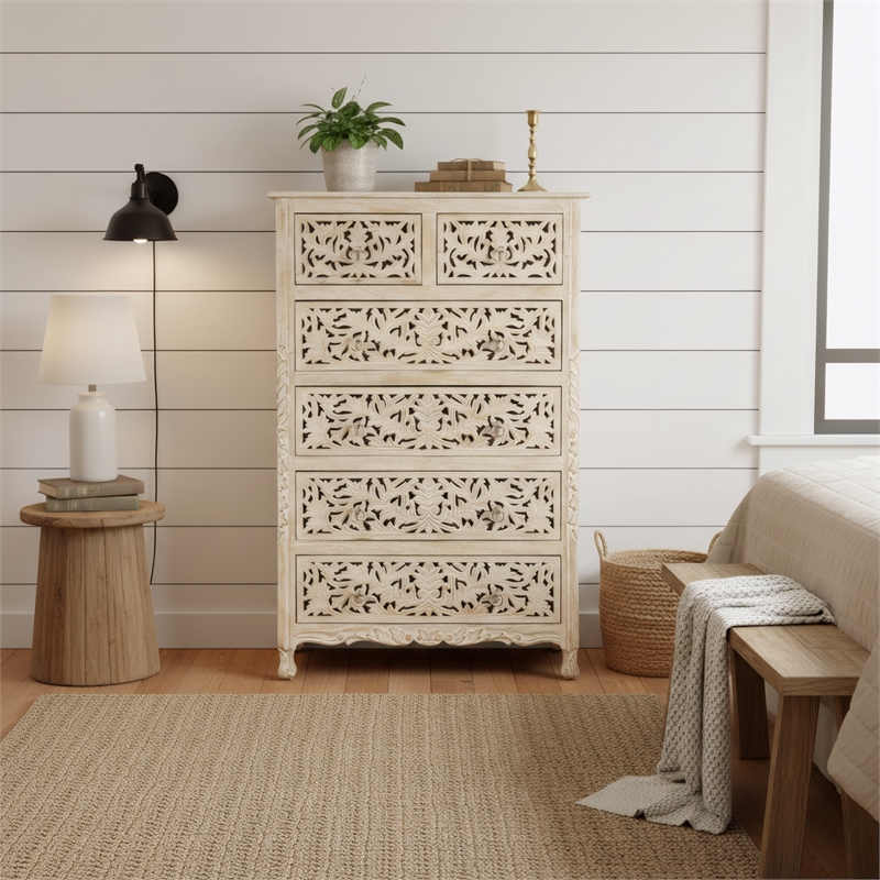 Taran Designs Monte 6-drawer Floral Carved Solid Wood Chest in White