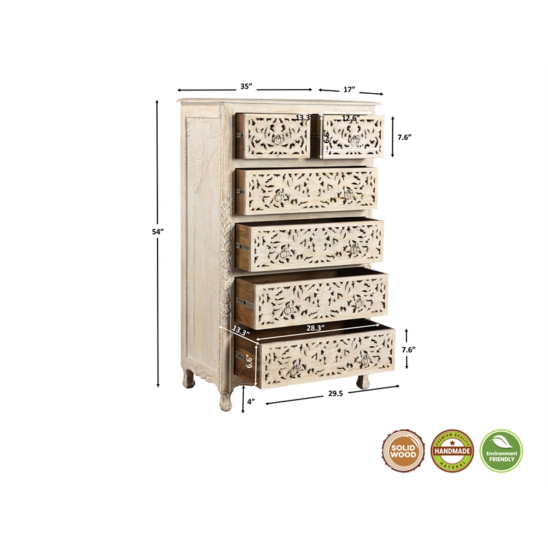 Taran Designs Monte 6-drawer Floral Carved Solid Wood Chest in White