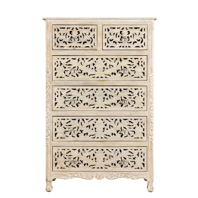 Taran Designs Monte 6-drawer Floral Carved Solid Wood Chest in White