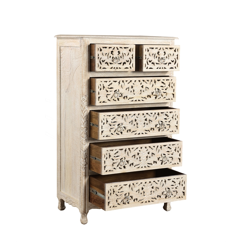 Taran Designs Monte 6-drawer Floral Carved Solid Wood Chest in White