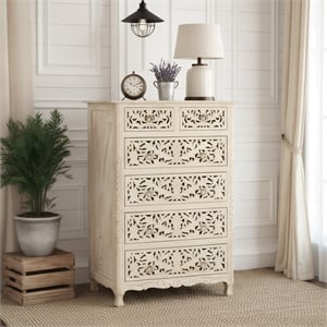 Taran Designs Monte 6-drawer Floral Carved Solid Wood Chest in White