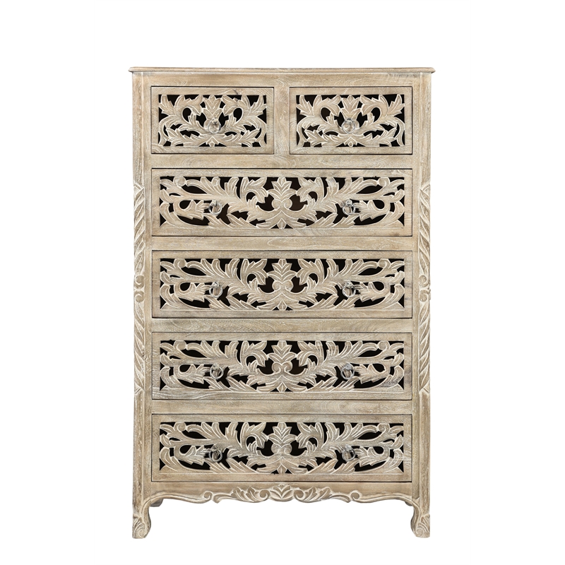 Taran Designs Monte 6-drawer Floral Carved Solid Wood Chest in Gray