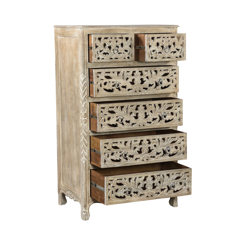 Taran Designs Monte 6-drawer Floral Carved Solid Wood Chest in Gray