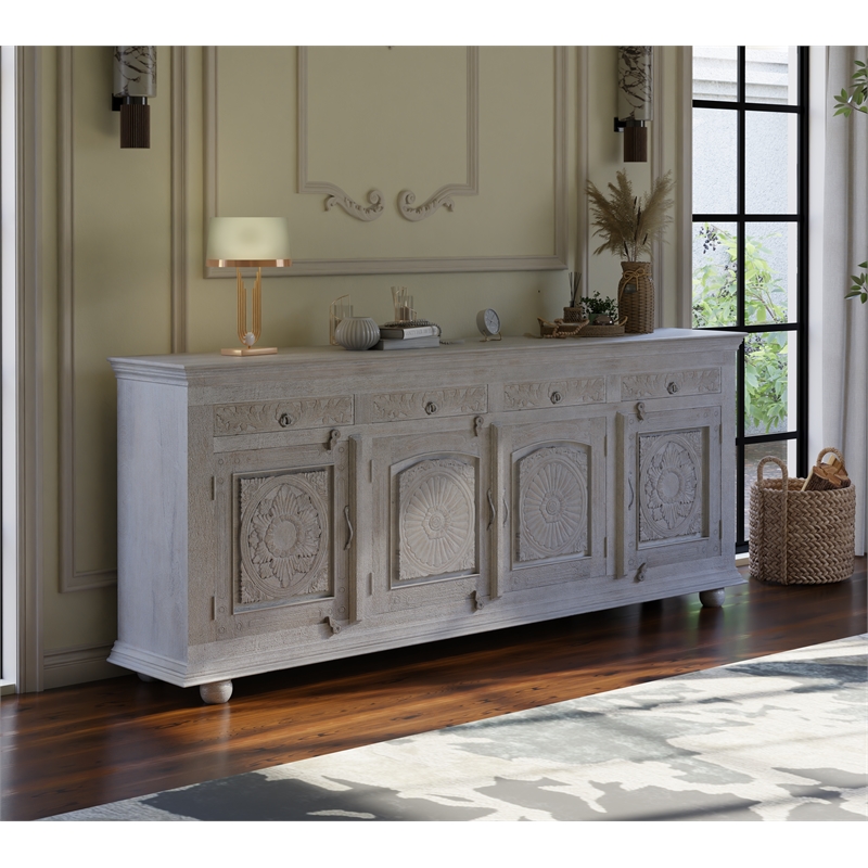 Taran Designs Monte 4-drawer 4-door Carved Solid Wood Sideboard in Gray