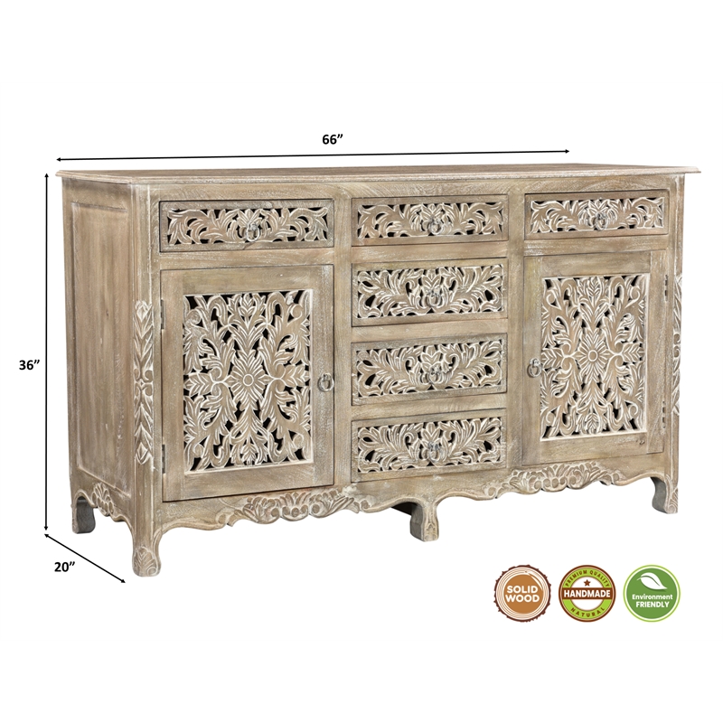 Taran Designs Monte 6-drawer 2-door Carved Solid Wood Sideboard in Gray