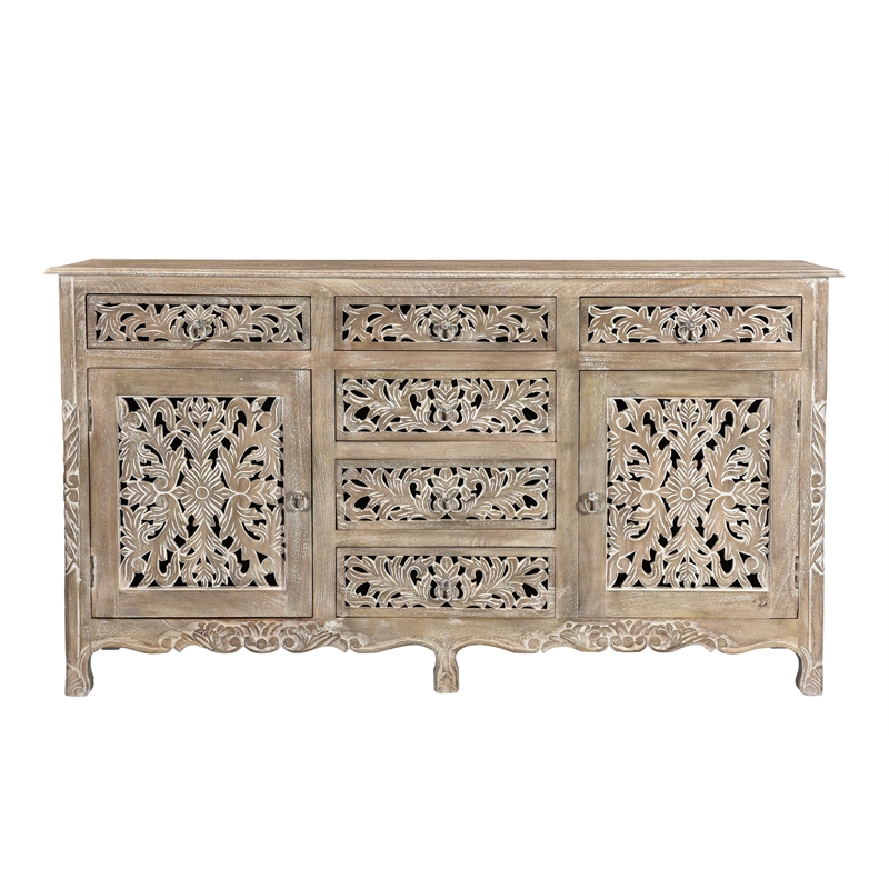 Taran Designs Monte 6-drawer 2-door Carved Solid Wood Sideboard in Gray