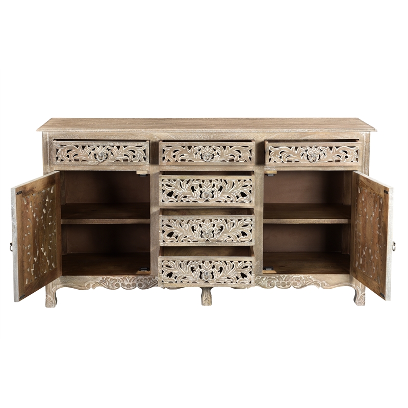 Taran Designs Monte 6-drawer 2-door Carved Solid Wood Sideboard in Gray