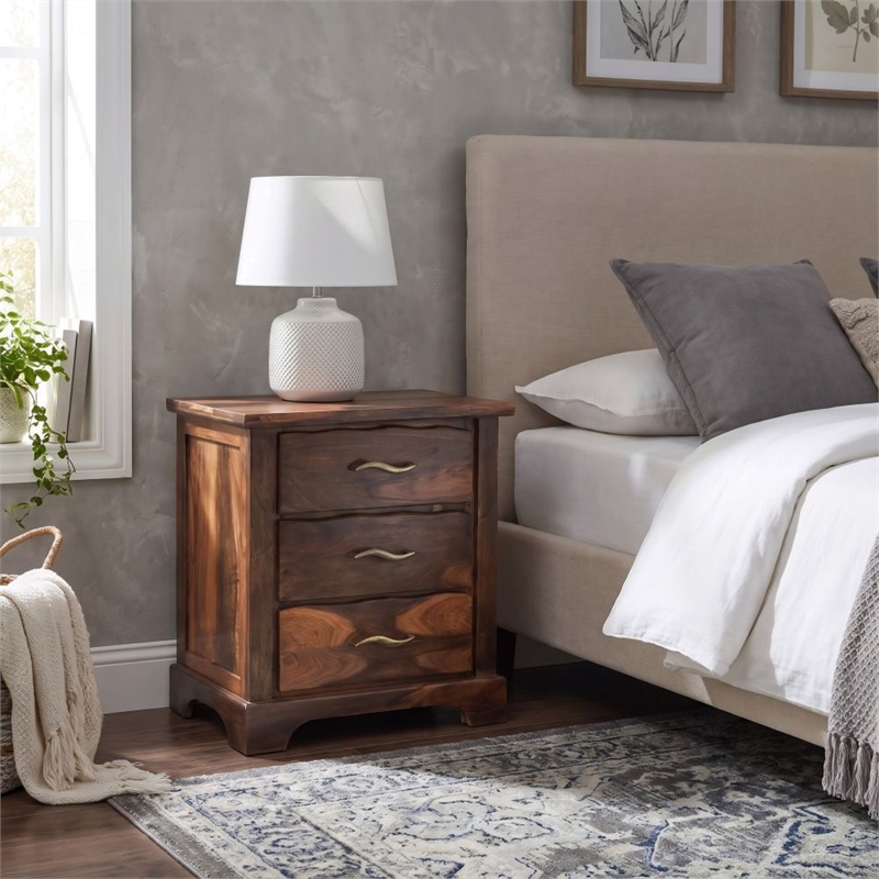 Taran Designs Darcy 3-drawer Live Edge Solid Wood Nightstand in Dark Brown