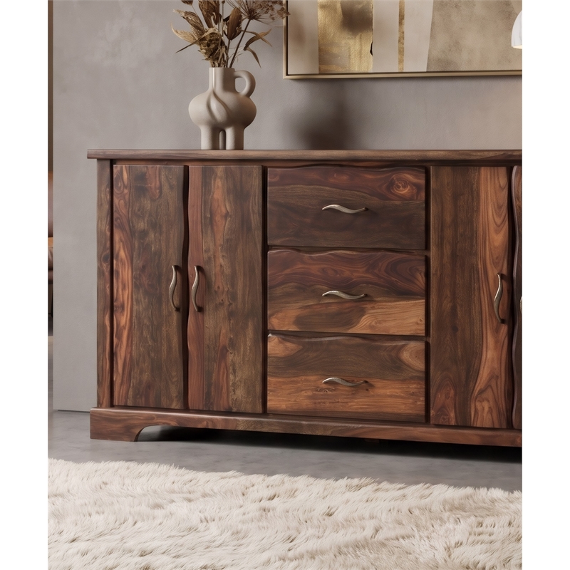 Taran Designs Darcy 3-drawer 4-door Live Edge Solid Wood Sideboard in Dark Brown