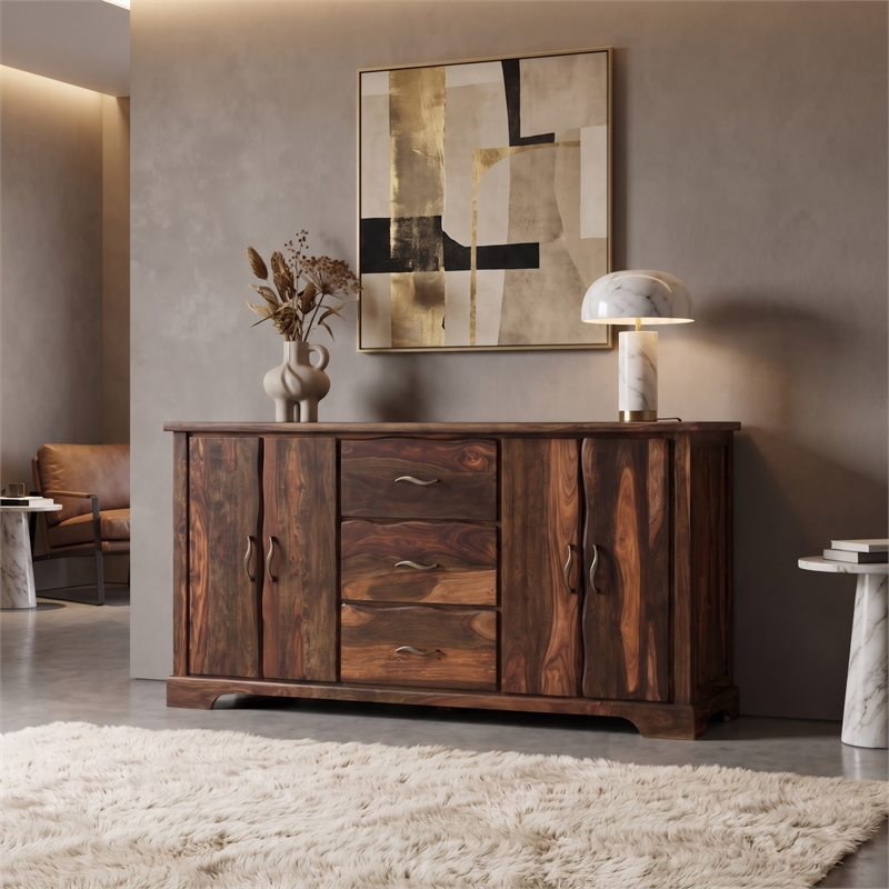 Taran Designs Darcy 3-drawer 4-door Live Edge Solid Wood Sideboard in Dark Brown
