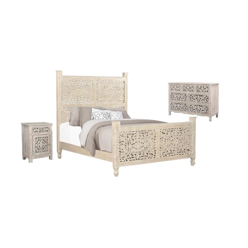 Taran Designs Monte Floral Carved Solid Wood King Panel Bed in White