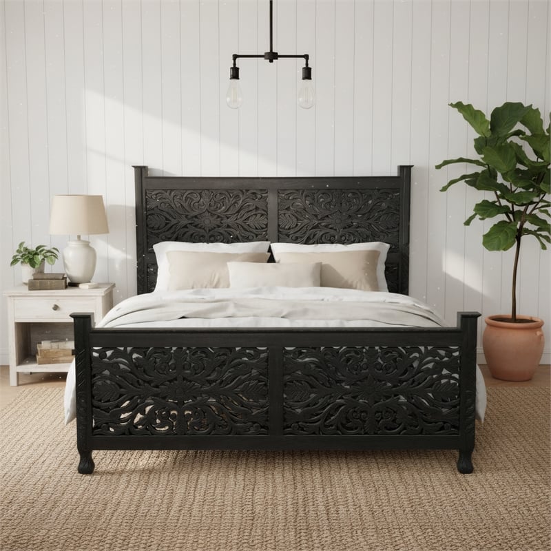 Taran Designs Monte Floral Carved Solid Wood King Panel Bed in Black