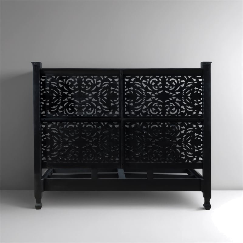 Taran Designs Monte Floral Carved Solid Wood King Panel Bed in Black