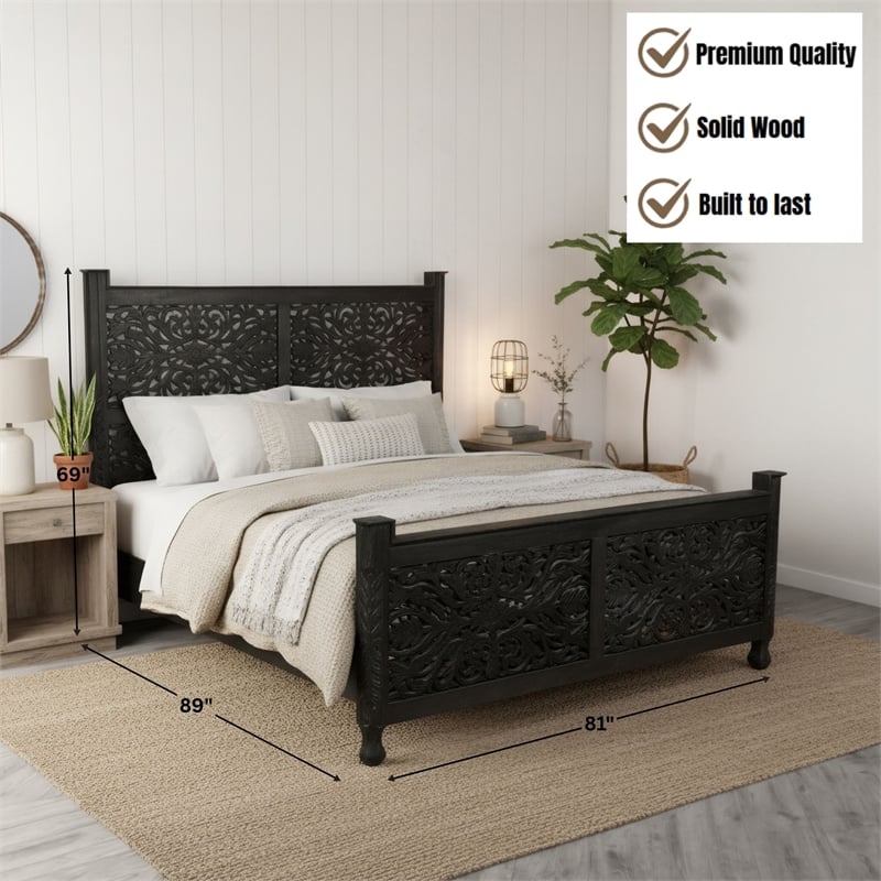 Taran Designs Monte Floral Carved Solid Wood King Panel Bed in Black