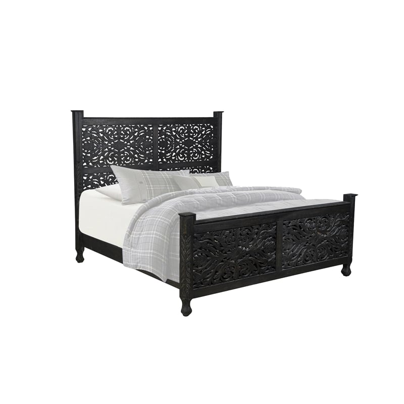 Taran Designs Monte Floral Carved Solid Wood King Panel Bed in Black