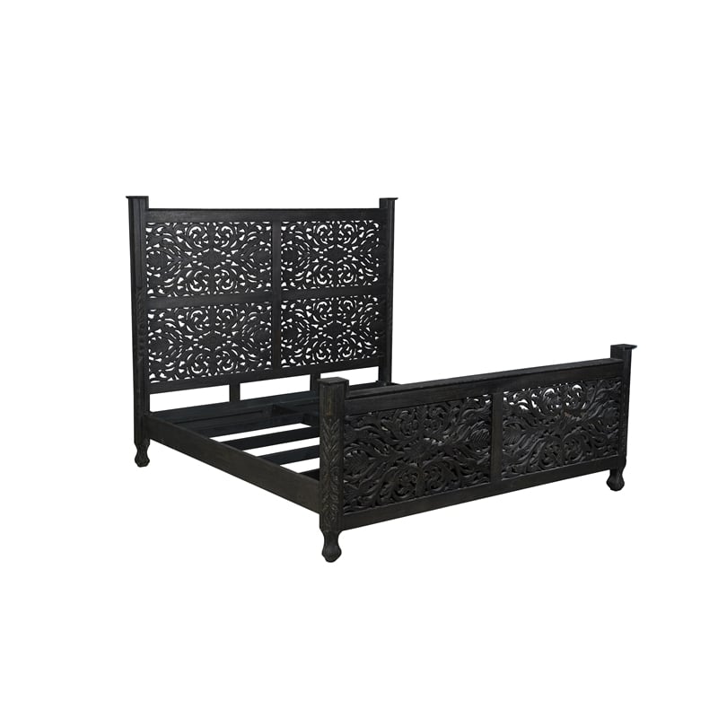 Taran Designs Monte Floral Carved Solid Wood King Panel Bed in Black