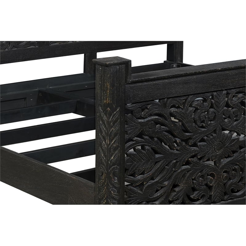 Taran Designs Monte Floral Carved Solid Wood King Panel Bed in Black