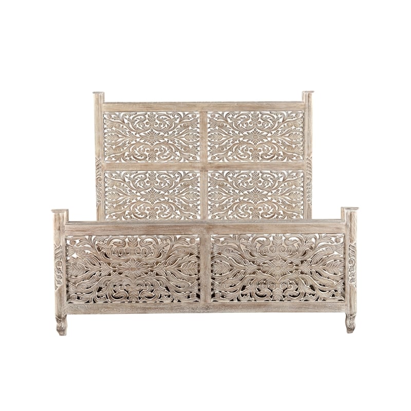 Taran Designs Monte Floral Carved Solid Wood King Panel Bed in Gray