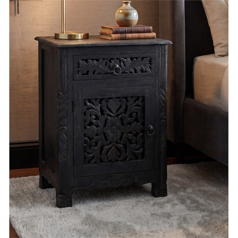 Taran Designs Monte 1-drawer 1-door Solid Wood Nightstand (Left) in Black
