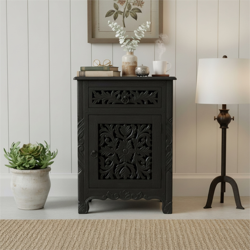 Taran Designs Monte 1-drawer 1-door Solid Wood Nightstand (Right) in Black