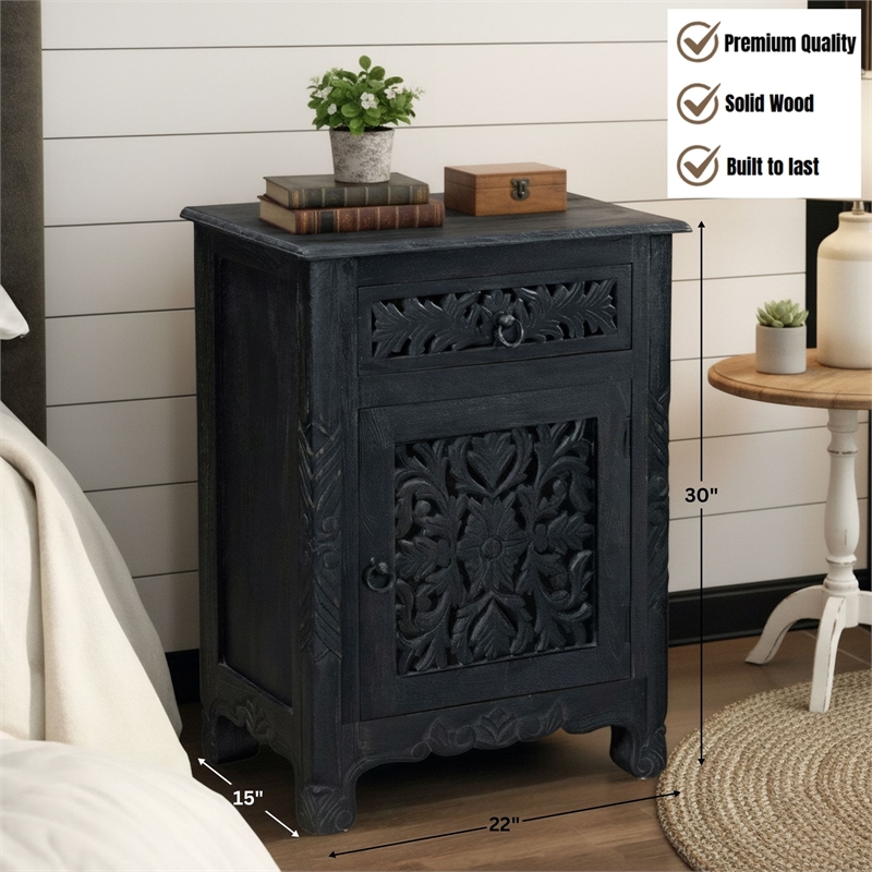 Taran Designs Monte 1-drawer 1-door Solid Wood Nightstand (Right) in Black