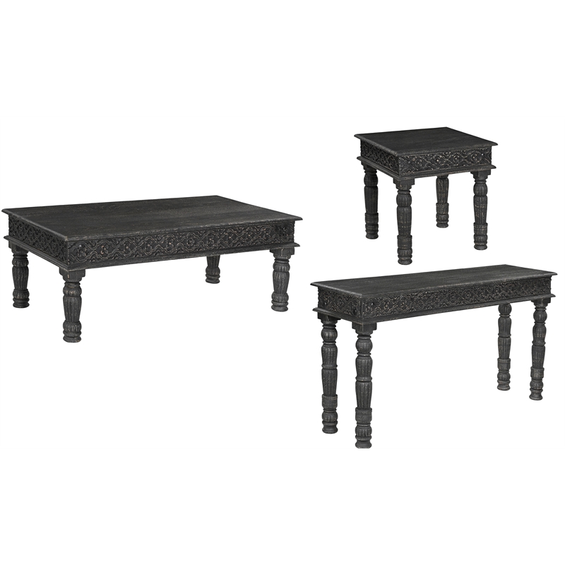 Taran Designs Milton Carved Solid Wood Coffee Table in Black