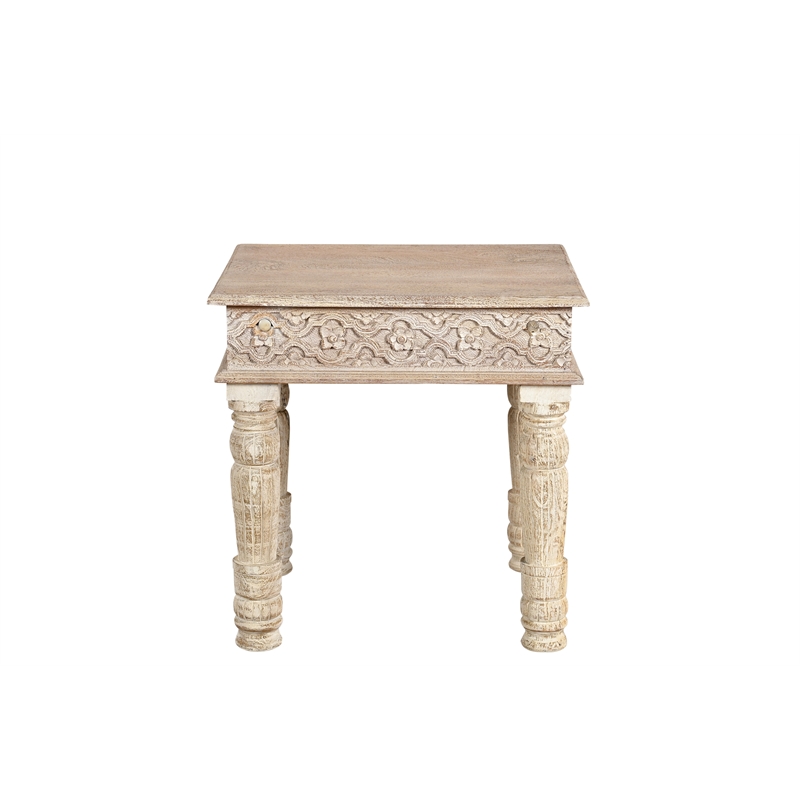 Taran Designs Milton Carved Square Solid Wood End Table in White