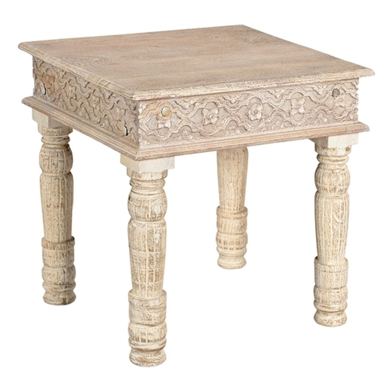Taran Designs Milton Carved Square Solid Wood End Table in White