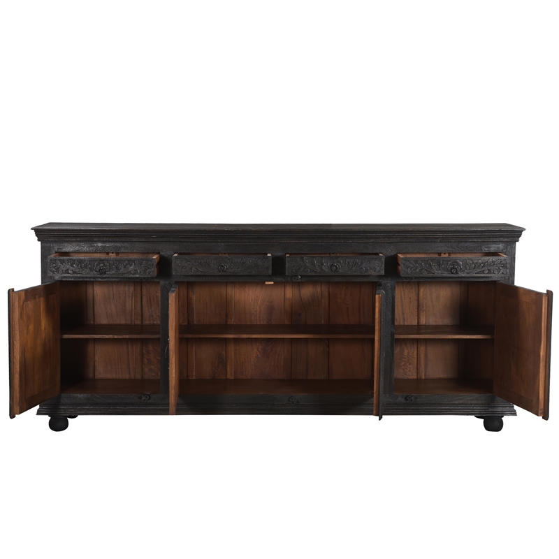 Taran Designs Monte 4-drawer 4-door Carved Solid Wood Sideboard in Black