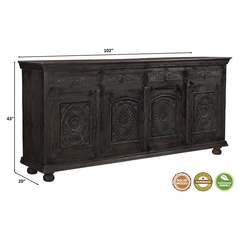 Taran Designs Monte 4-drawer 4-door Carved Solid Wood Sideboard in Black