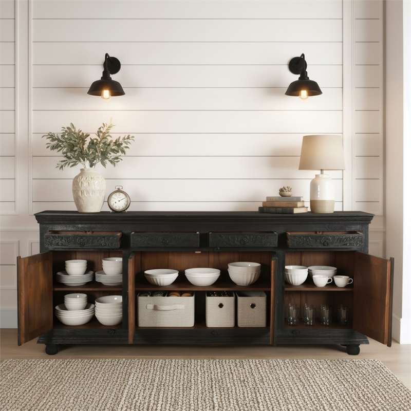 Taran Designs Monte 4-drawer 4-door Carved Solid Wood Sideboard in Black
