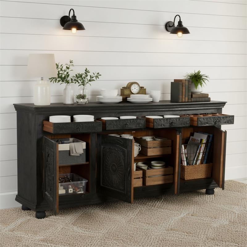 Taran Designs Monte 4-drawer 4-door Carved Solid Wood Sideboard in Black