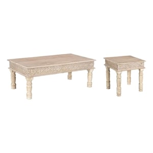 Taran Designs Milton 2-piece Carved Solid Wood Living Room Table Set in White