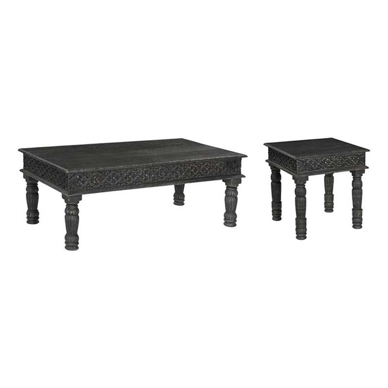 Taran Designs Milton 2-piece Carved Solid Wood Living Room Table Set in Black