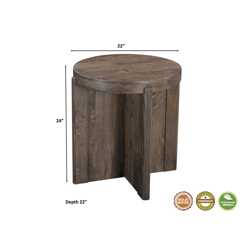 Taran Designs Lawrence Round Solid Wood End Table in Dark Brown